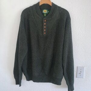 Vintage Cabelas Mens Forest Green 100% Cotton Ribbed Henley Sweater L 90-2277